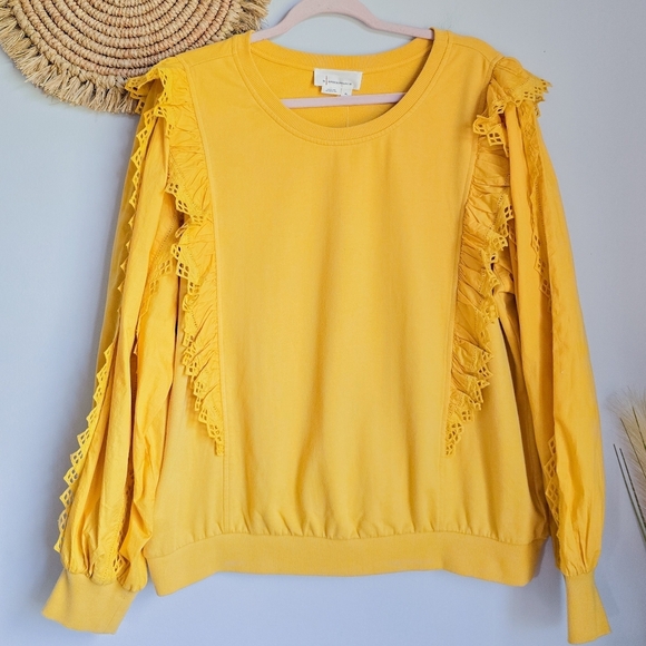 Anthropologie, New, Marigold Yellow Eyelet Ruffle Sleeve Sweatshirt Top SZ XL - Picture 2 of 14